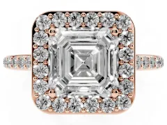 Asscher Cut Diamond Halo Engagement Ring Set in Rose gold with Round Pavé Shoulders and Heart Gallery