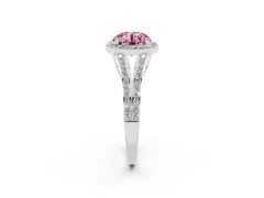 Fancy Pink Round Cut Diamond Halo Split Shank Ring Set in Platinum with Accent Stones and Prong Setting