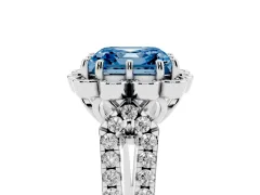 Fancy Blue Asscher Cut Diamond Floral Halo Split Shank Engagement Ring Set in Platinum with Pavé Shank