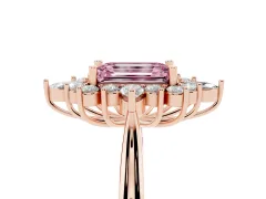 Fancy Pink Emerald Cut Diamond Cluster Halo Ring Set in Rose gold with Marquise and Round Accents
