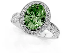 Fancy Green Oval Cut Diamond Halo Engagement Ring Set in White gold with Accent Split Shank Band