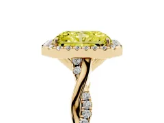 Fancy Yellow Radiant Cut Diamond Halo Twist Band Solitaire Ring Set in Yellow gold with Prong Setting
