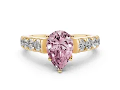 Fancy Pink Pear Cut Diamond Solitaire Ring Set in Yellow gold with Cut-Down Micro Pavé Band and Prong Setting