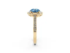 Fancy Blue Round Cut Diamond Halo Ring Set in Yellow gold with Pavé-Lined Shoulders and Prong Setting