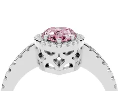 Fancy Pink Pear Cut Diamond Halo Ring Set in Platinum with Pavé Shoulders and Halo-Framed Center