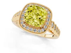 Fancy Yellow Cushion Cut Diamond Milgrain Halo Solitaire Ring Set in Yellow gold with Bezel Set Side Stones and Pavé Band