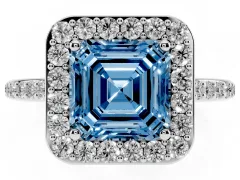 Fancy Blue Asscher Cut Diamond Halo Engagement Ring Set in White gold with Round Pavé Shoulders and Heart Gallery