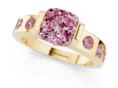 Fancy Pink Cushion Cut Diamond Channel-Set Band Ring Set in Yellow gold with Bezel Prong Setting