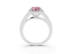 Fancy Pink Round Cut Diamond Halo Split Shank Ring Set in Platinum with Accent Stones and Prong Setting