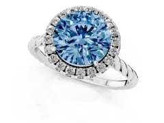 Fancy Blue Round Cut Diamond Halo Ring Set in Platinum with Plain Twisted Band
