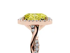 Fancy Yellow Radiant Cut Diamond Halo Twist Band Solitaire Ring Set in Rose gold with Prong Setting