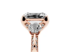 Fancy Green Emerald Cut Diamond Three-Stone Ring Set in Rose gold with Pavé Band and Smaller Side Stones