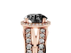 Fancy Black Round Cut Diamond Halo Ring Set in Rose gold with Double Pavé Split Shank