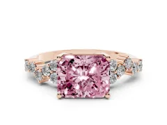 Fancy Pink Radiant Cut Diamond Ring Set in Rose gold with Scattered Round Accents