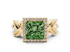 Fancy Green Princess Cut Diamond Halo Floral Band Ring Set in Yellow gold with Prong Setting
