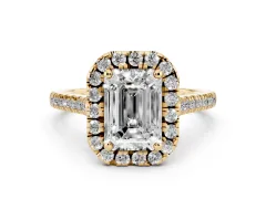 Emerald Cut Diamond Cushion Halo Ring Set in Yellow gold with Pavé Band