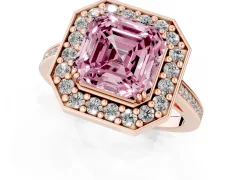 Fancy Pink Asscher Cut Diamond Halo Ring Set in Rose gold with Accent-Lined Split Shank and Prong Setting