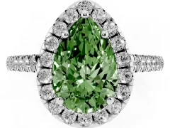 Fancy Green Pear Cut Diamond Pavé Halo Engagement Ring Set in White gold with Pavé Band and Prong Setting