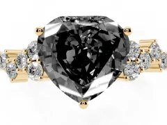 Fancy Black Heart Cut Diamond Ring Set in Yellow gold with Scattered Round Accents