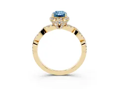 Fancy Blue Radiant Cut Diamond Halo Twist Band Solitaire Ring Set in Yellow gold with Prong-Set Center Stone