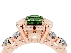 Fancy Green Emerald Cut Diamond Floral Halo Ring Set in Rose gold with Shared Prong Band