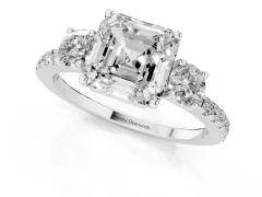 Asscher Cut Diamond Three-Stone Ring Set in Silver with Pavé Band and Graduated Sides