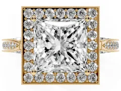 Princess Cut Diamond Halo Engagement Ring Set in Yellow gold with Accent Split Shank Band
