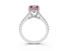 Fancy Pink Asscher Cut Diamond Solitaire Ring Set in White gold with Brilliant Pavé Band and Prong Setting