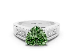 Fancy Green Heart Cut Diamond Solitaire Ring Set in White gold with Channel-Set Accent Stones and Prong Setting