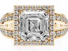 Asscher Cut Diamond Halo Ring Set in Yellow gold with Double Pavé Split Shank