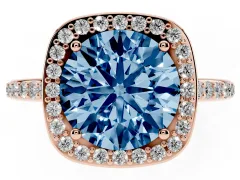 Fancy Blue Round Cut Diamond Halo Engagement Ring Set in Rose gold with Round Pavé Shoulders and Heart Gallery