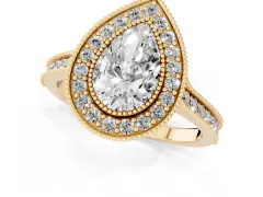 Pear Cut Diamond Halo Milgrain Pavé Band Ring Set in Yellow gold with Prong Setting