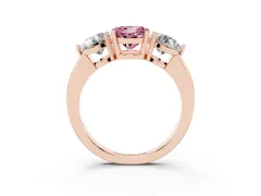 Fancy Pink Round Cut Diamond Three-Stone Ring Set in Rose gold with Prong Setting and Plain Band