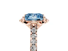 Fancy Blue Princess Cut Diamond Solitaire Ring Set in Rose gold with Pavé Band and Floral Prong Setting