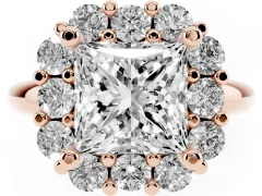 Princess Cut Diamond Halo Cluster Engagement Ring Set in Rose gold with Polished Band and Prong Setting