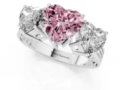Fancy Pink Heart Cut Diamond Three-Stone Ring Set in Silver with Textured Band