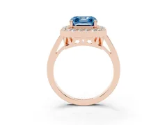Fancy Blue Asscher Cut Diamond Halo Ring Set in Rose gold with Accent-Lined Split Shank and Prong Setting