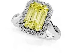 Fancy Yellow Emerald Cut Diamond Halo Twist Band Solitaire Ring Set in Platinum with Prong Setting