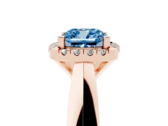 Fancy Blue Cushion Cut Diamond Halo Solitaire Engagement Ring Set in Rose gold with Square Band and Prong Setting
