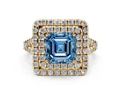 Fancy Blue Asscher Cut Diamond Double Halo Ring Set in Yellow gold with Pavé Split Shank and Prong Setting