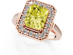 Fancy Yellow Radiant Cut Diamond Halo Ring Set in Rose gold with Accent-Lined Split Shank and Prong Setting