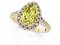 Fancy Yellow Pear Cut Diamond Pavé Halo Engagement Ring Set in Yellow gold with Pavé Band and Prong Setting