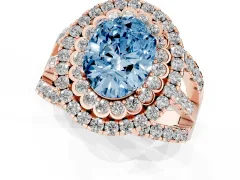 Fancy Blue Oval Cut Diamond Double Halo Ring Set in Rose gold with Round Pavé Split Shank