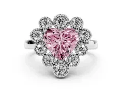 Fancy Pink Heart Cut Diamond Cluster Halo Ring Set in Platinum with Milgrain Bezel Accents and Plain Band