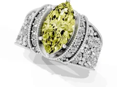 Fancy Yellow Marquise Cut Diamond Milgrain Halo Pavé Engagement Ring Set in Platinum with Prong Setting