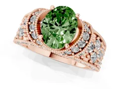 Fancy Green Oval Cut Diamond Milgrain Halo Pavé Engagement Ring Set in Rose gold with Prong Setting
