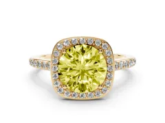Fancy Yellow Round Cut Diamond Halo Engagement Ring Set in Yellow gold with Round Pavé Shoulders and Heart Gallery