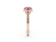 Fancy Pink Round Cut Diamond Halo Ring Set in Rose gold with Channel Set Band and Prong Setting