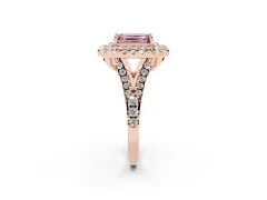Fancy Pink Emerald Cut Diamond Double Halo Ring Set in Rose gold with Pavé Split Shank and Prong Setting