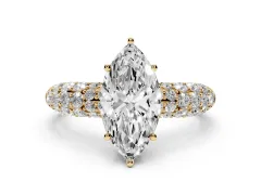 Marquise Cut Diamond Pavé Band Solitaire Ring Set in Yellow gold with Close-Set Accent Stones and Prong Setting